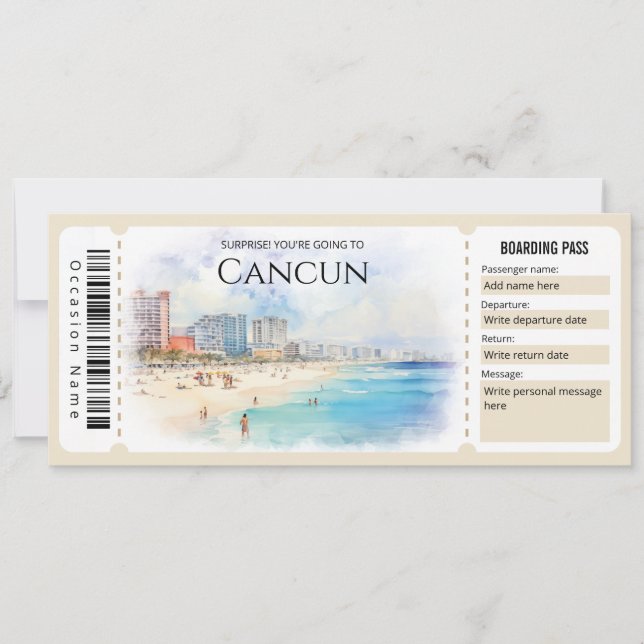 Bearbeiten des Boarding-Tickets für Cancun-Flugzeu Einladung (Vorderseite)