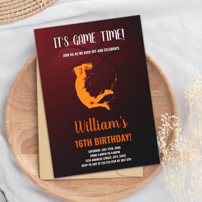 Bearbeiten von Boys Sports Party Card mit Aktion Einladung (Orange Jump Basketball Birthday Invitations)