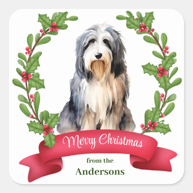 Bearded Collie Dog Holly Banner Weihnachten Quadratischer Aufkleber (Vorderseite)