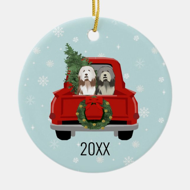 Bearded Collie Hundeschlitten Keramik Ornament (Vorne)
