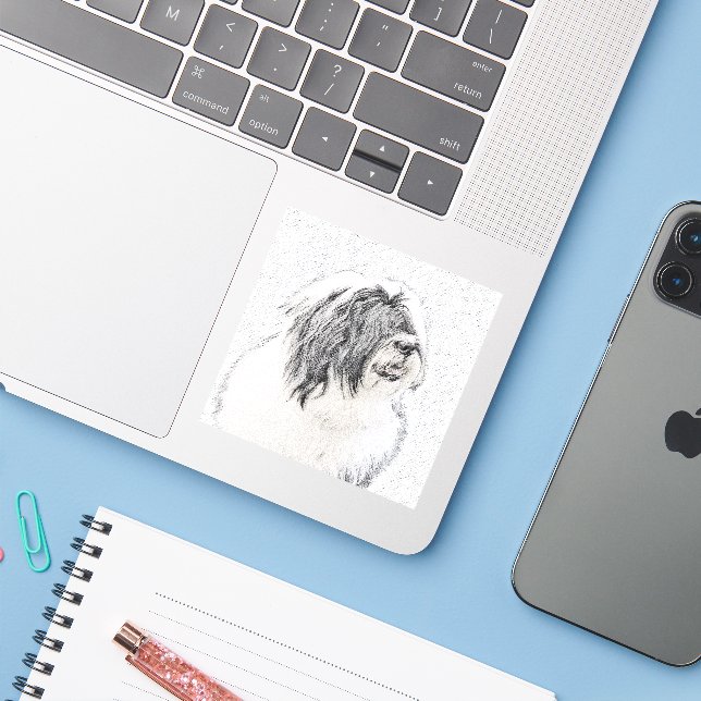 Bearded Collie Zeichnend - Niedliche Original Hund Aufkleber (Laptop mit iPhone)