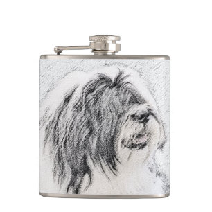 Bearded Collie Zeichnend - Niedliche Original Hund Flachmann