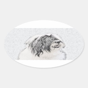 Bearded Collie Zeichnend - Niedliche Original Hund Ovaler Aufkleber