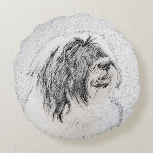 Bearded Collie Zeichnend - Niedliche Original Hund Rundes Kissen (Rückseite)