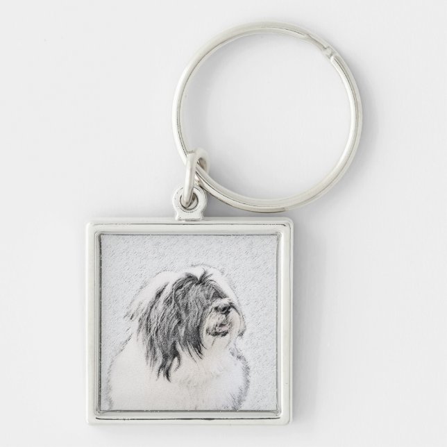 Bearded Collie Zeichnend - Niedliche Original Hund Schlüsselanhänger (Vorne)