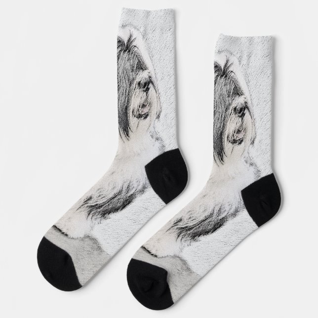Bearded Collie Zeichnend - Niedliche Original Hund Socken (Linkes Detail)