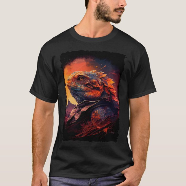 Bearded Dragon mountains sunset lizard retro 70s v T-Shirt (Vorderseite)