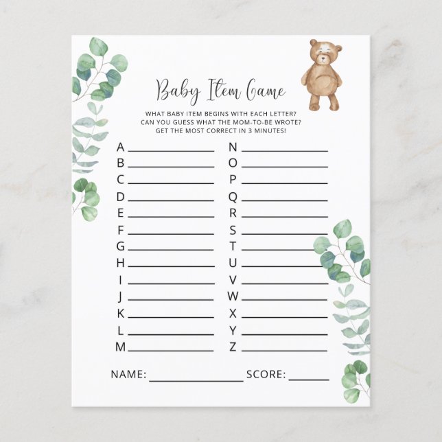Bearly Baby Item Game. Baby Shower Game (Vorderseite)