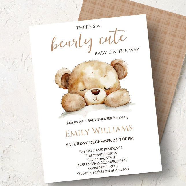 Bearly Cute Baby Shower | Neutral minimalist  Einladung (Cute bear watercolor baby shower invitation “Bearly cute baby on the way” )