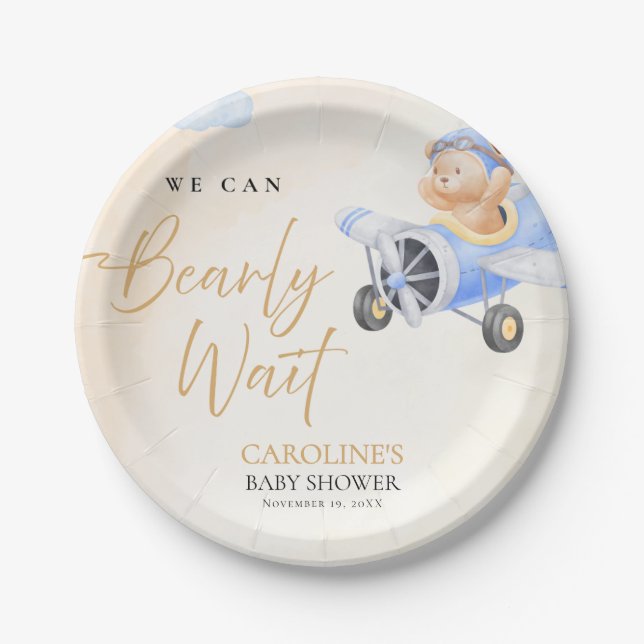 Bearly Wait Baby Shower, Flying Bear Watercolor Pappteller (Vorderseite)