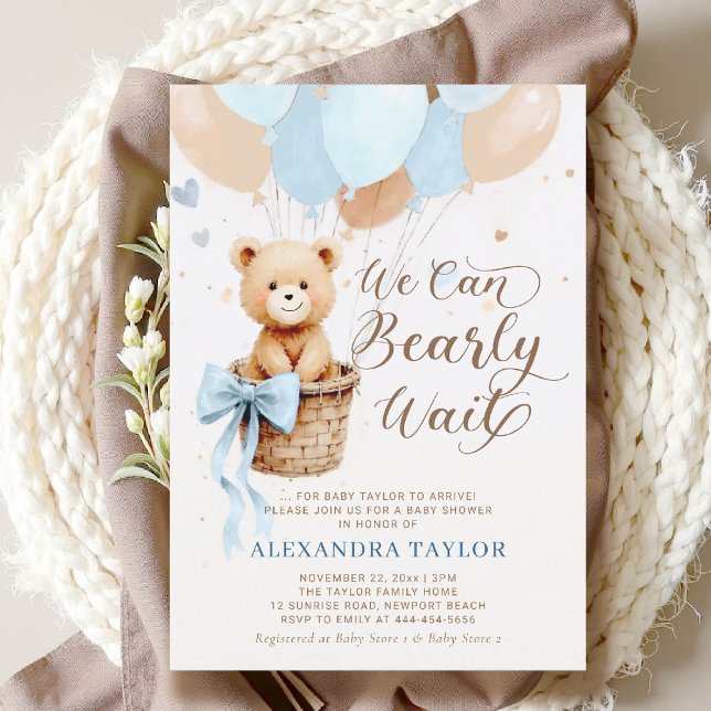 Bearly Wait Balloons Bow Blue Tan Boy Baby Dusche Einladung (bearly wait baby shower invitation boy blue brown hot air balloons bow calligraphy watercolor)