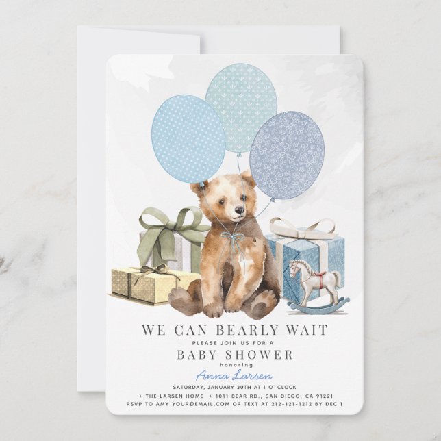 Bearly Wait Bear Blue Balloon Baby Dusche Einladung (Vorderseite)