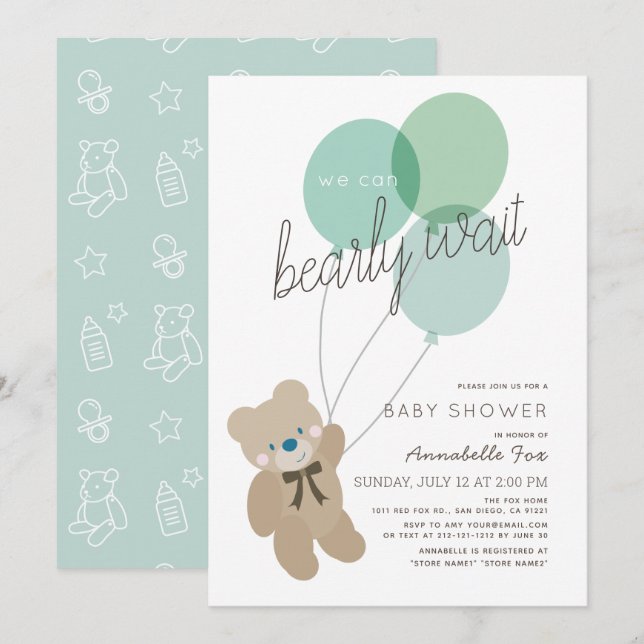Bearly Wait Bear Mint Green Baby shower Invitation (Devant / Derrière)