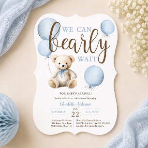 Bearly Wait Blaues Ballon-Teddybär-Baby-Party Einladung