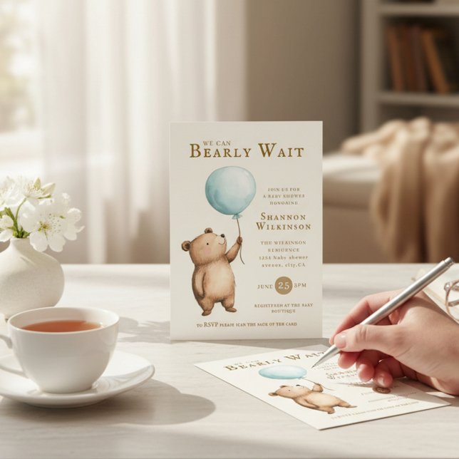 Bearly Wait blue Balloon Baby Shower QR Code  Einladung (Von Creator hochgeladen)