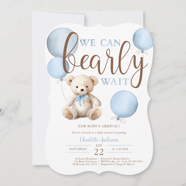 Bearly Wait Blue Balloon Teddy Bear Baby Dusche Einladung (Vorderseite)