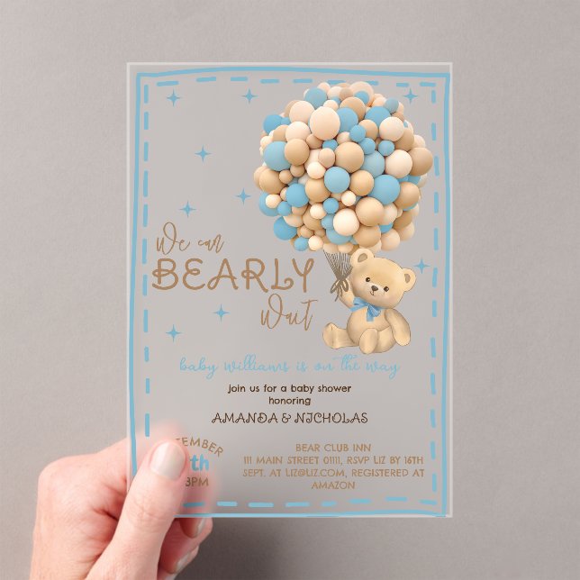 Bearly Wait Blue Boy Baby Dusche Acryleinladungen (Insitu (Handheld))