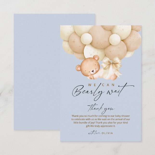 Bearly Wait Blue Boy Baby Shower    Dankeskarte (Vorne/Hinten)