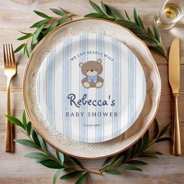 Bearly wait blue Retro Streifen Vintage Babydusche Pappteller (Bearly wait cute teddy bear blue retro stripes vintage baby shower personalized paper plates)