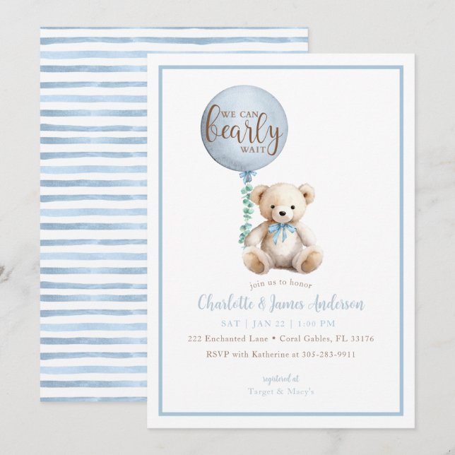 Bearly Wait Blue Teddy Bear Baby shower Invitation (Devant / Derrière)