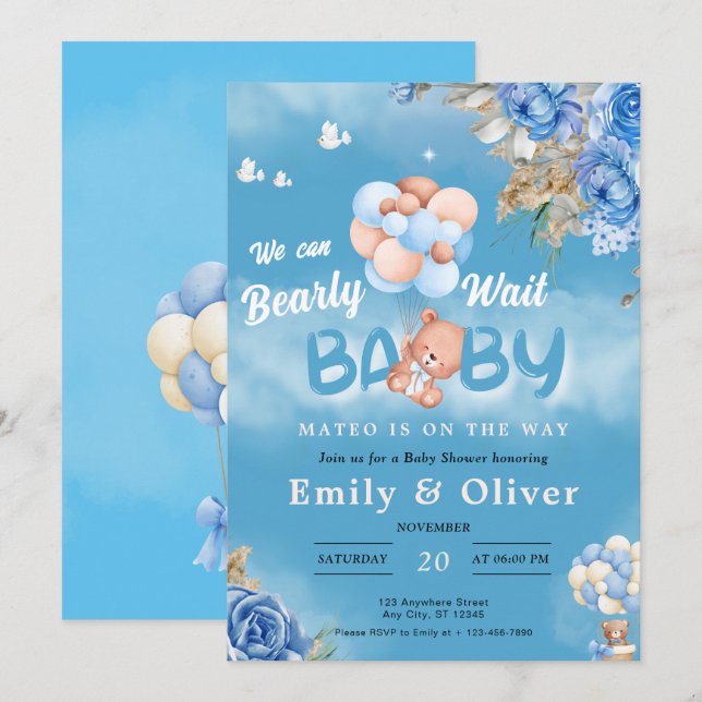 Bearly Wait Blue Teddy Bear Baby shower Invitation (Devant / Derrière)