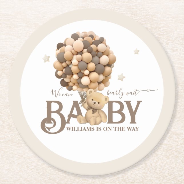 Bearly Wait Boho Ballon Neutral Baby Dusche Runder Pappuntersetzer (Vorderseite)