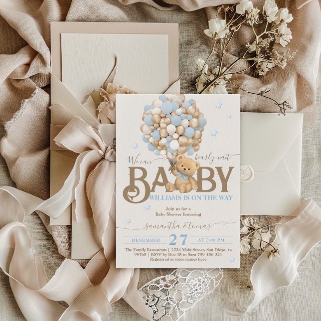 Bearly Wait Boho Blue Balloon Boy Baby Dusche Einladung (Von Creator hochgeladen)