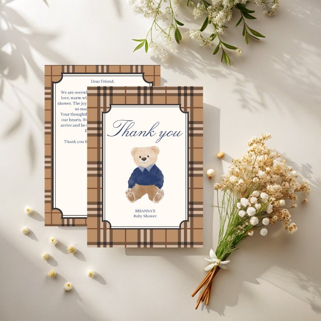 Bearly wait Classic kariert Teddybär Babydusche Dankeskarte (Bearly wait classic brown plaid teddy bear baby shower thank you cards)