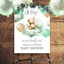 Bearly Wait Green Balloon Clouds Baby Dusche