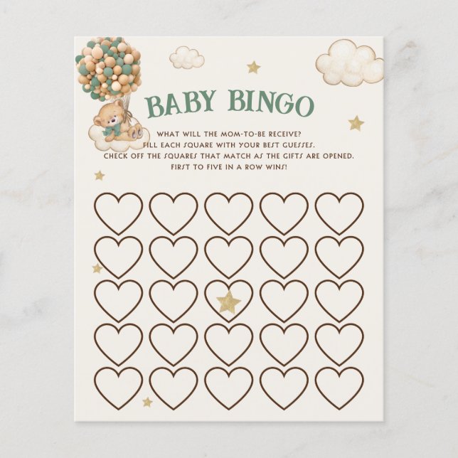 Bearly Wait Green Balloons Baby Dusche Bingo Spiel (Vorderseite)