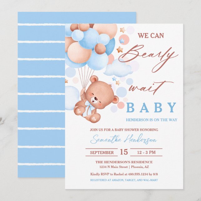 Bearly Wait Hot Air Ballon Baby Dusche Blue Boy Einladung (Vorne/Hinten)