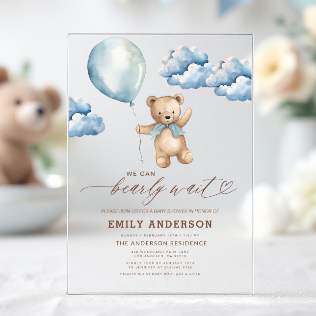 Bearly Wait Neutral Beige & Blue Boy Baby Shower Acryleinladungen (Von Creator hochgeladen)