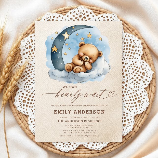 Bearly Wait Neutral Beige & Blue Boy Baby Shower Einladung (Von Creator hochgeladen)