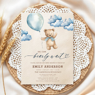 Bearly Wait Neutral Beige & Blue Boy Baby Shower Einladung