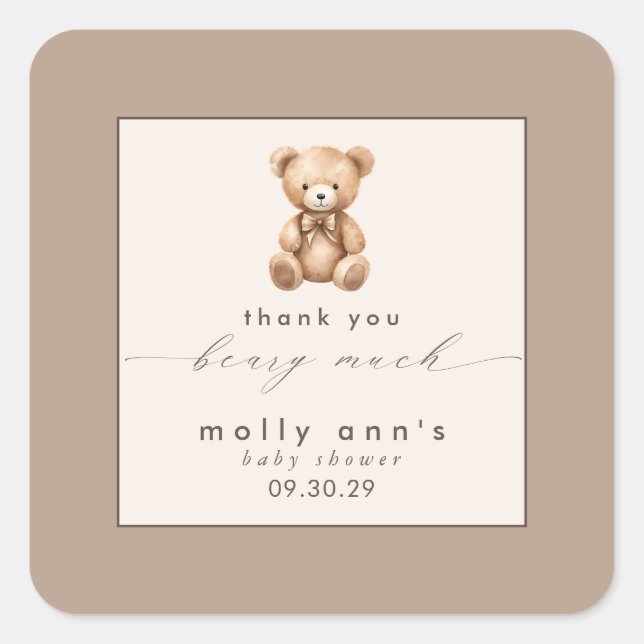 Bearly Wait Neutral Simple Baby Shower Vielen Dank Quadratischer Aufkleber (Vorderseite)