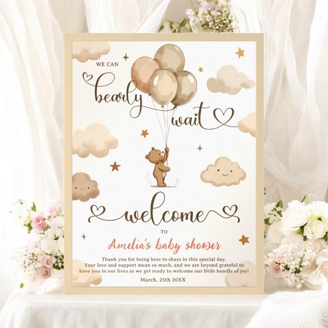 Bearly Wait Neutral Teddy Bären Balloon Baby Showe Poster (Bearly Wait Neutral Teddy Bear Balloon Baby Shower Poster)