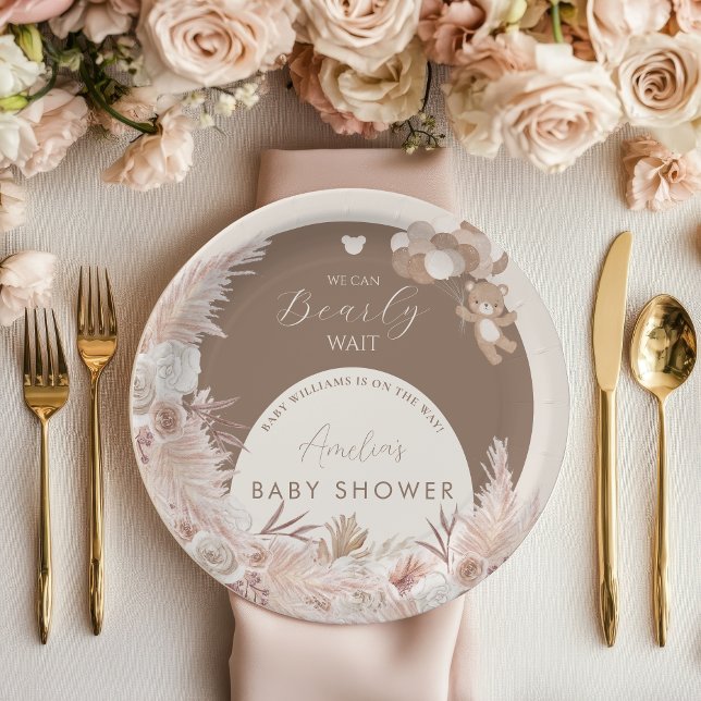 Bearly Wait Neutral Teddy Bear Boho Pampas Pappteller (Von Creator hochgeladen)