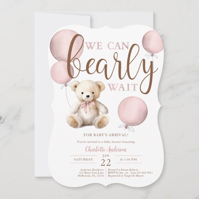 Bearly Wait Pink Ballon Teddy Bear Baby Dusche Einladung (Vorderseite)