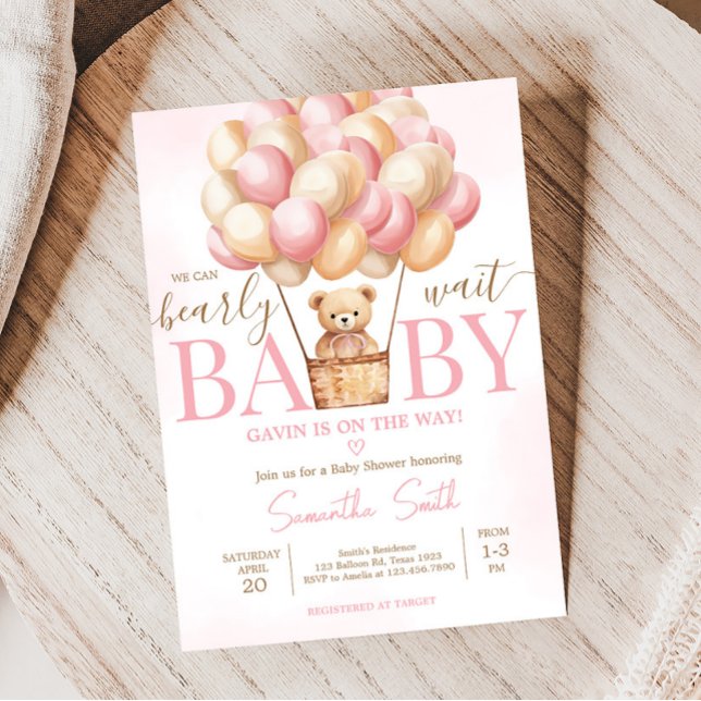 Bearly Wait Pink Hot Air Ballon Babydusche Einladung (Girl Baby Bear Balloons Baby Shower Invitation)