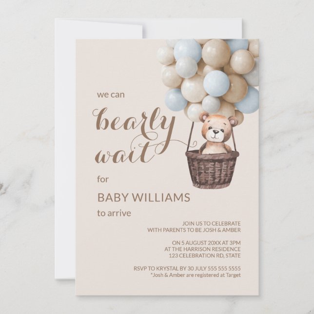 Bearly Wait Teddy Balloons Boy Baby Showeinladung Einladung (Vorderseite)