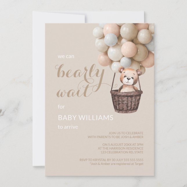 Bearly Wait Teddy Balloons Girl Baby Dusche Einladung (Vorderseite)