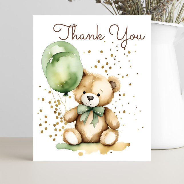 Bearly wait teddy carte de remerciements de baby s (Sage green teddy bear baby shower thank you card cute teddy with green balloons gold sprinkles)