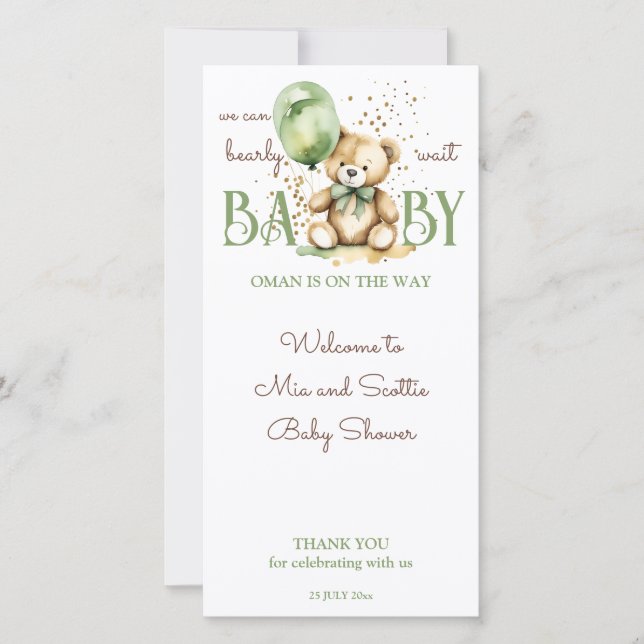 Bearly wait teddy vert baby shower place cartes (Devant)
