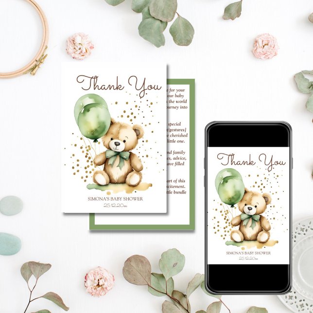 Bearly warte tedgreen Baby Dusche Danke Karte (Bearly wait teddy bear sage green balloons baby shower thank you card editable template download)