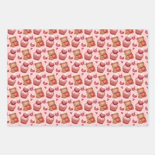 Bears and Cupcakes Valentines Wrapping Paper Geschenkpapier Set (Vorderseite)