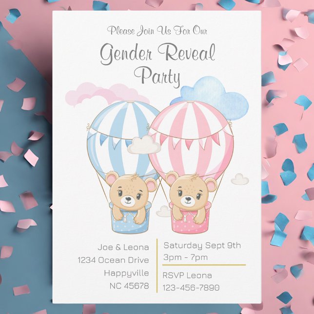 Bears & Balloons Gender-Party Einladung (Bear & Balloons pink and blue gender reveal party invitation)