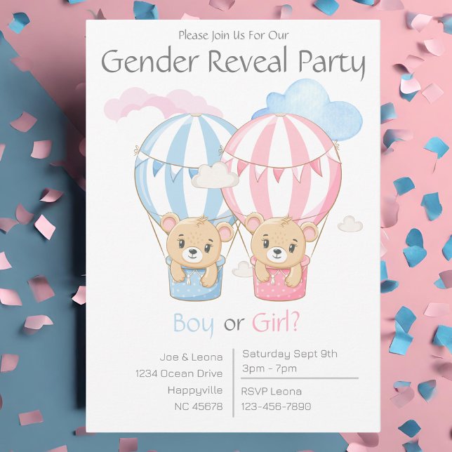 Bears & Balloons Genre Reveillez Party Invitation (Bears and Balloons Gender Reveal Party Invitation. Pink and Blue.)