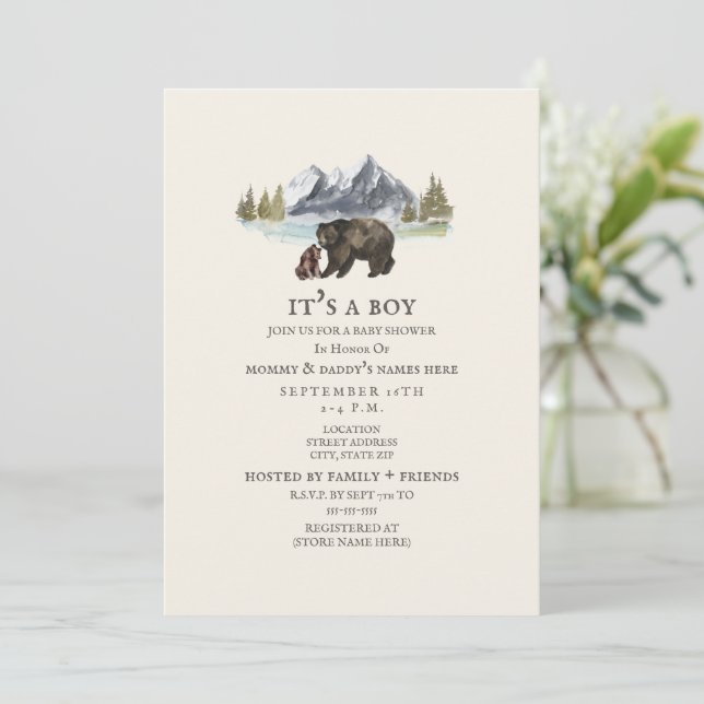 Bears Mountain Watercolor Kinderdusche Einladung (Stehend Vorderseite)