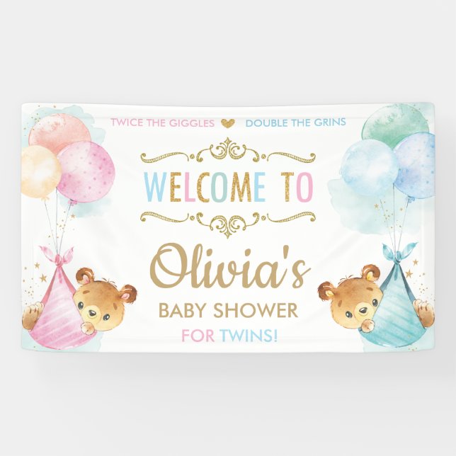 Bears Twins Boy Girl Babydusche Begrüßung Hintergr Banner (Horizontal)