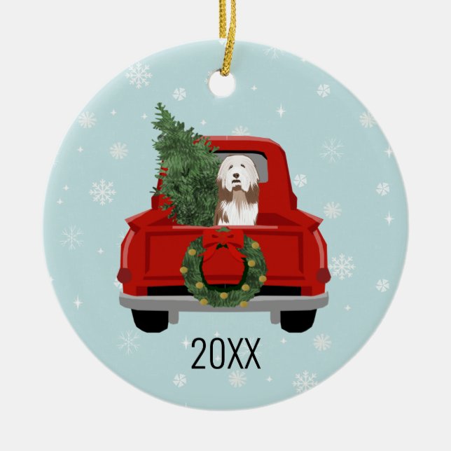 Bearted Collie Hunderoter LKW Keramik Ornament (Vorne)